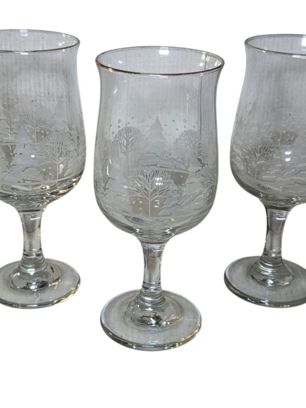 Vintage Libbey Christmas Holiday Glass Set Winter White Wonderland Goblet x3